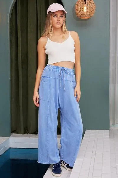 Mineral Wash Elastic Waist Baarrel Leg Baggy Pants