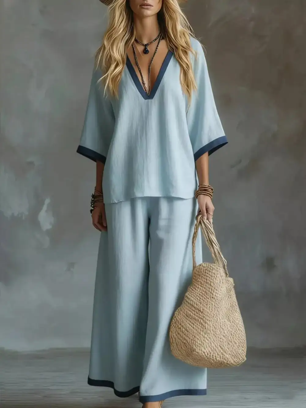 Contrast Trim V Neck Top and Pants Set