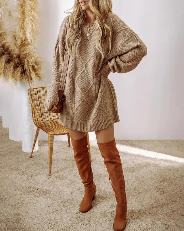 Women'S Round Neck Long Sleeve Sweater Dress Casual Loose Fit Cable Knit Pullover Mini Dress