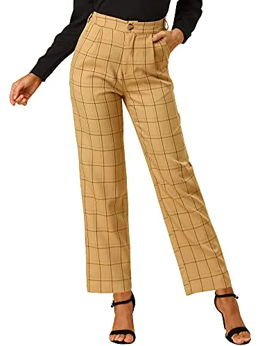 Women's Plaid Pants Elastic Waist Casual Work Office Long Trousers