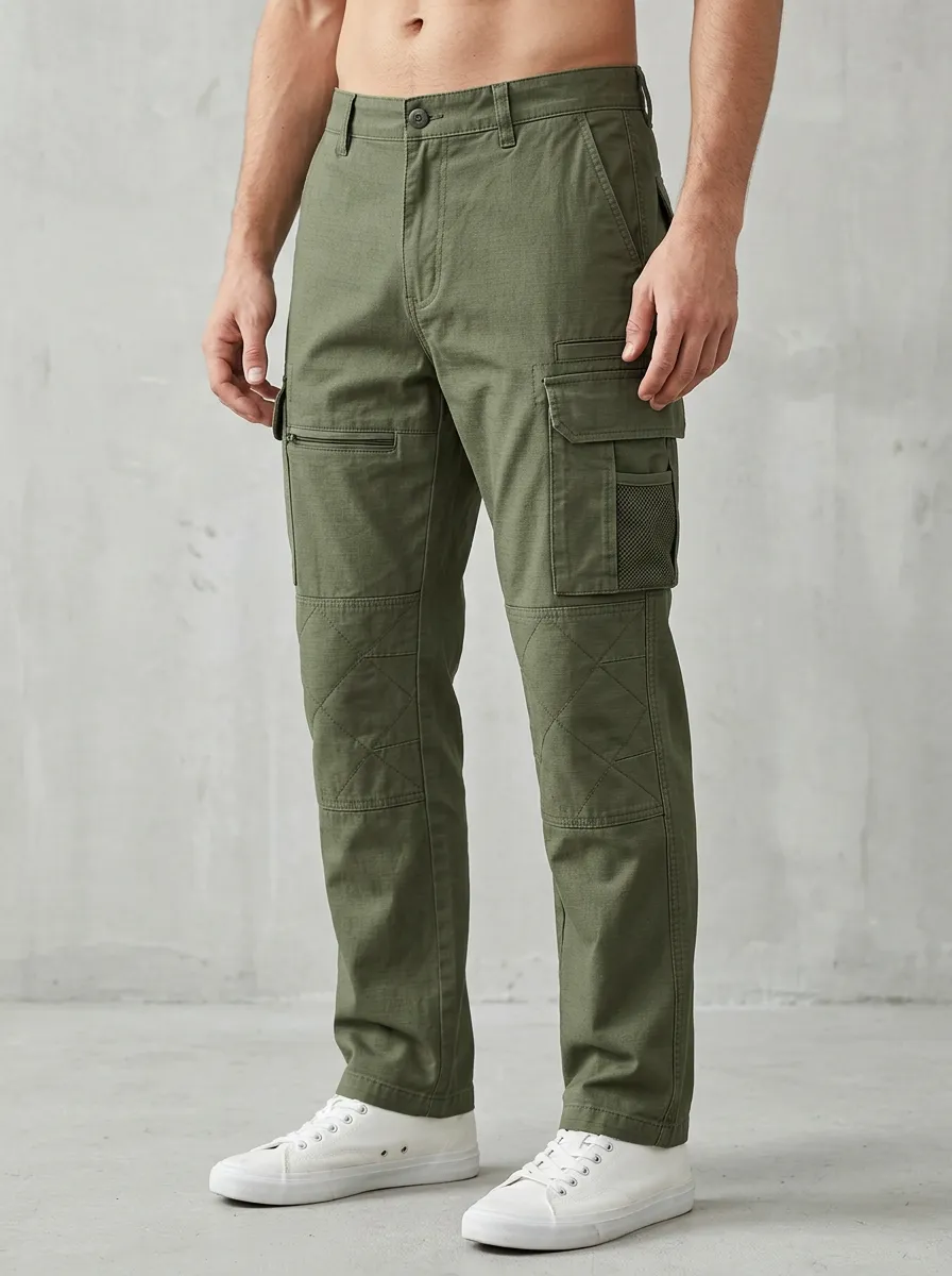 Men's Tactical Olive Quilted Knee Multi-Pocket Cargo Pants