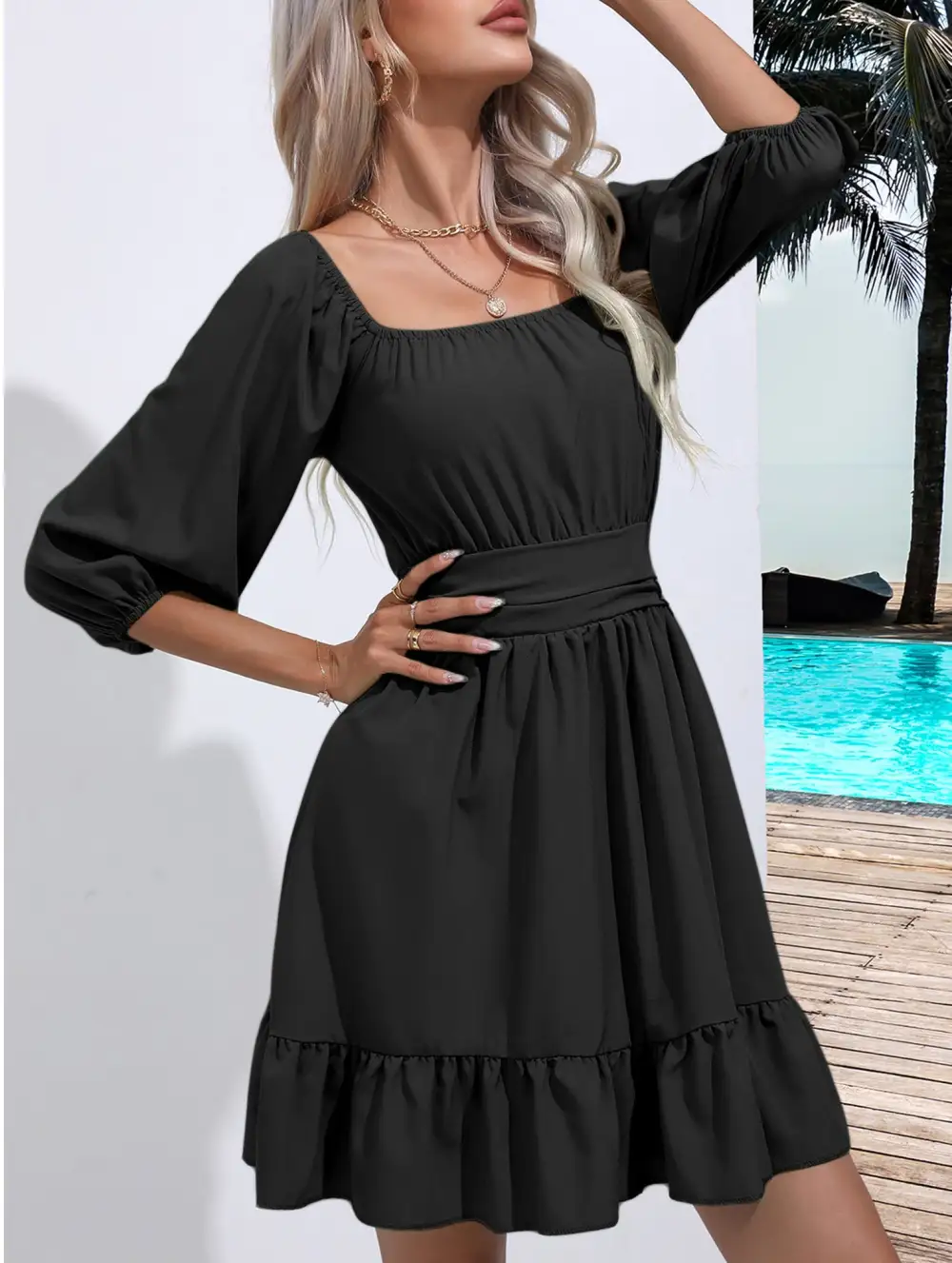 Square Neckline Ruffled Tie Up Short Dress