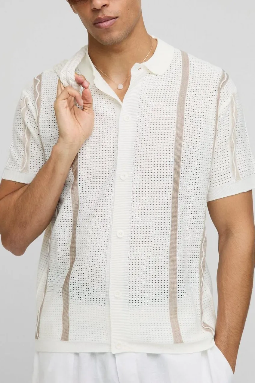 Relaxed Fit Open Stitch Border Stripe Knitted Acrylic Shirt Cropped Ecru