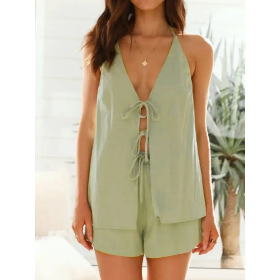 Tied Front Halter Neck Top and Shorts Set