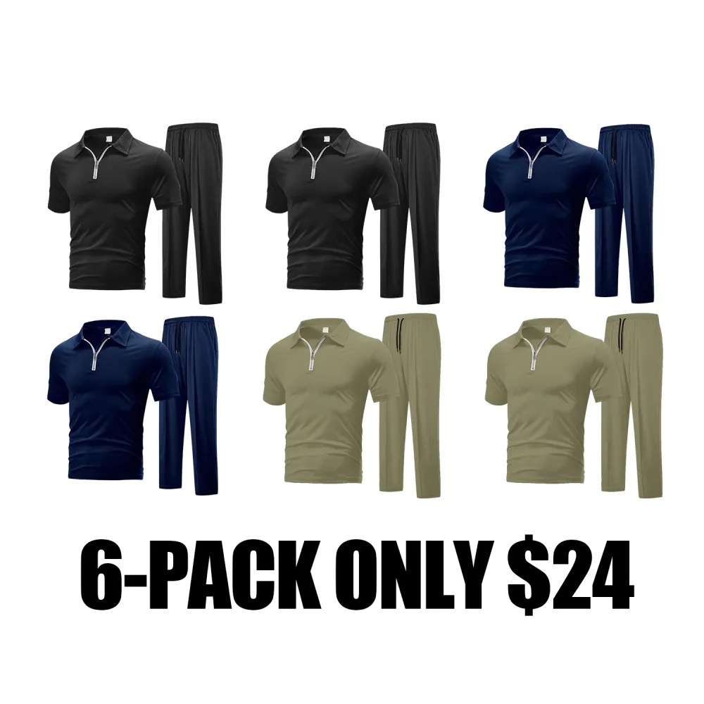 Men's Plain Half Zip Up Shortsleeve Polo Shirt & Drawstring Waist Pants Two-piece Set