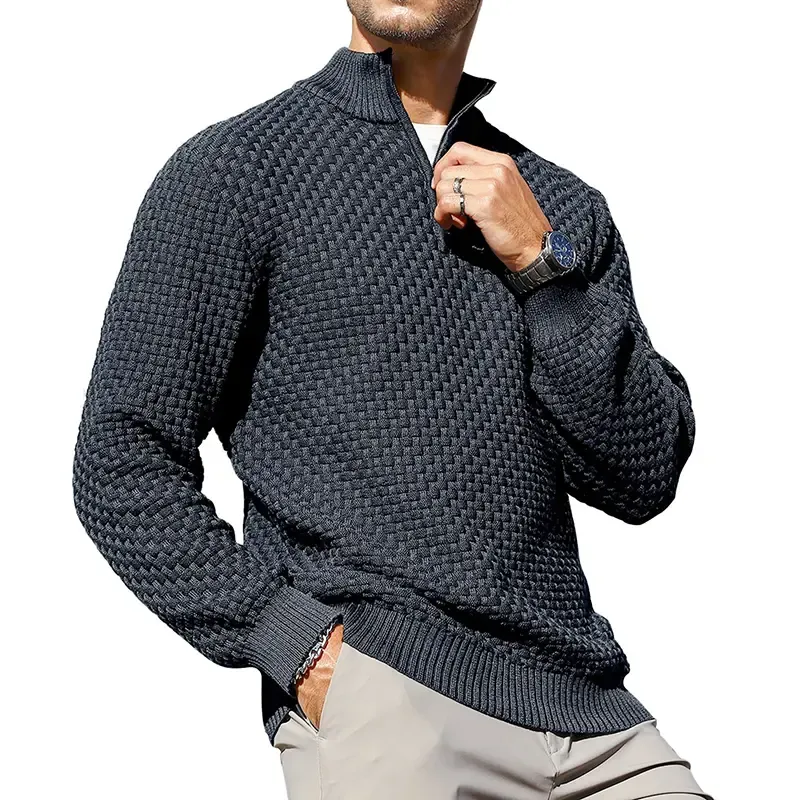 Men's Quarter-Zip Sweater Polo Zip Up Pullover Cable Knit Turtleneck Tops Long Sleeve