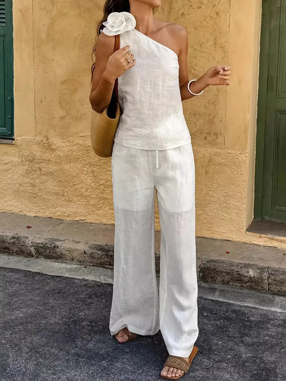 One-shoulder Embellished Top and Pants Set