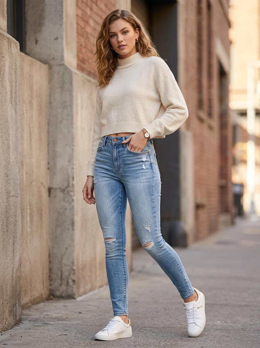 Women's Casual Fashion Distressed Light Wash Skinny Jeans