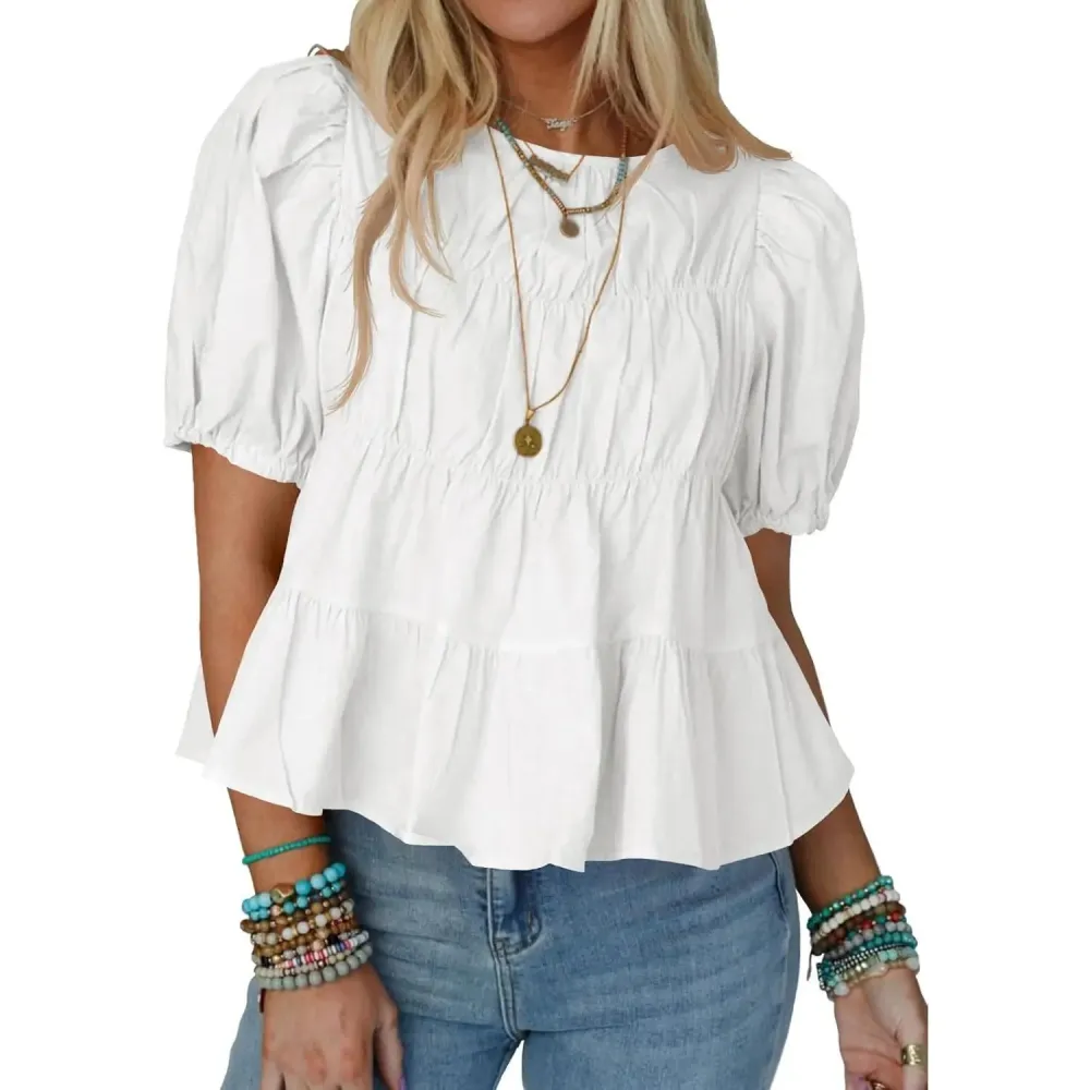 Womens Puff Sleeve Peplum Babydoll Tops