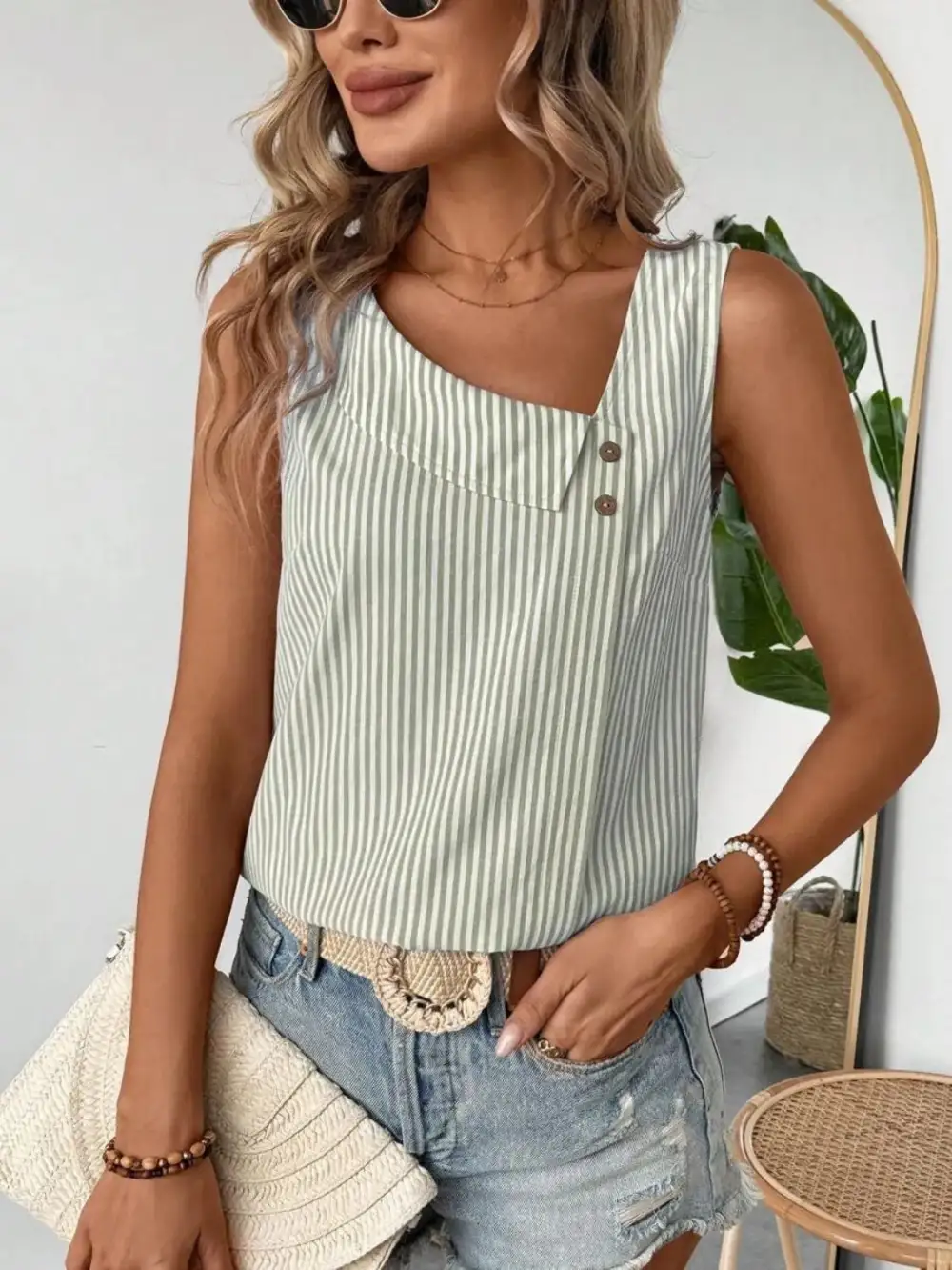 Decorative Button Asymmetrical Striped Tank
