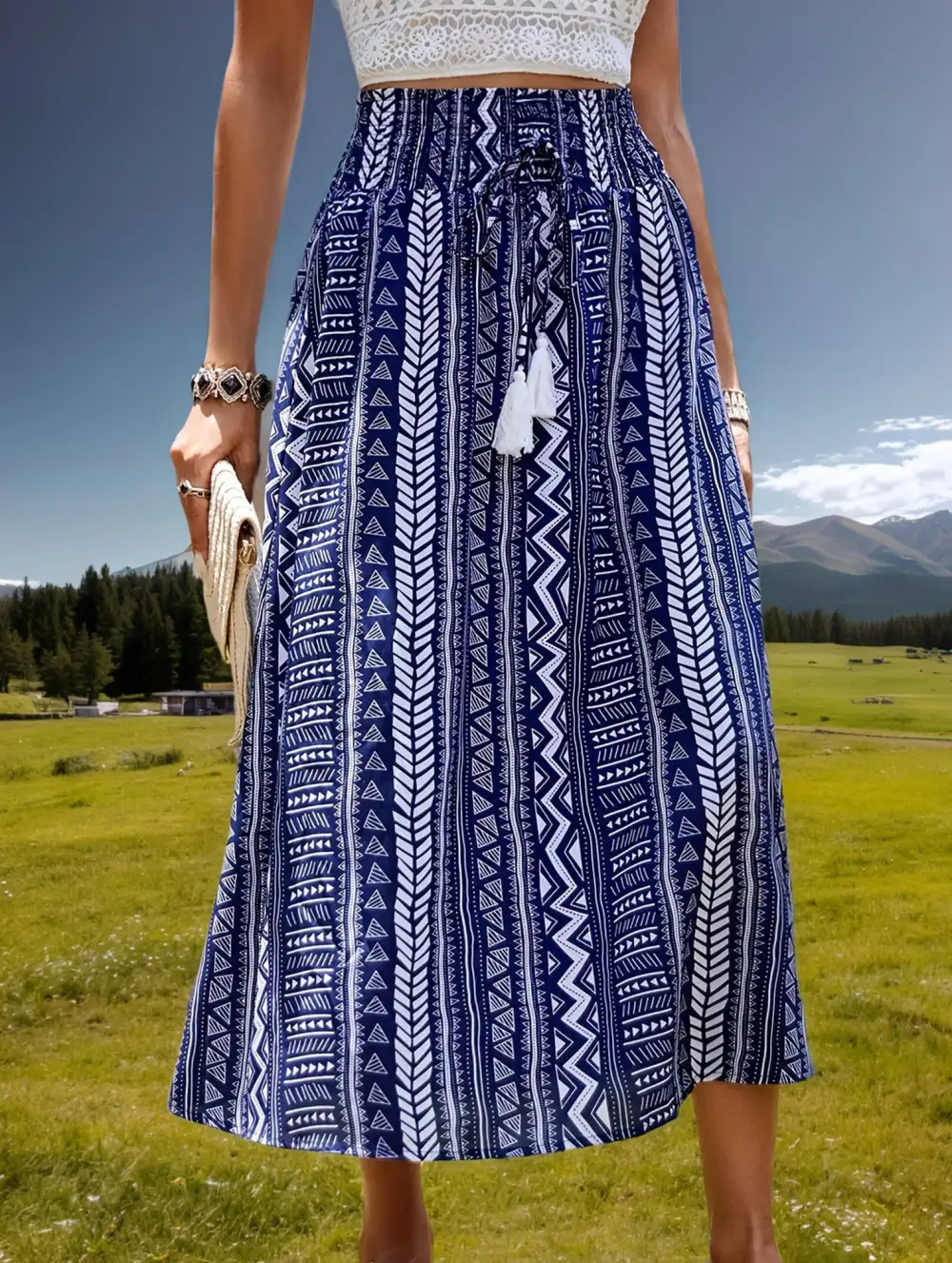 Boho Fringe Belt Tie Midi Skirt