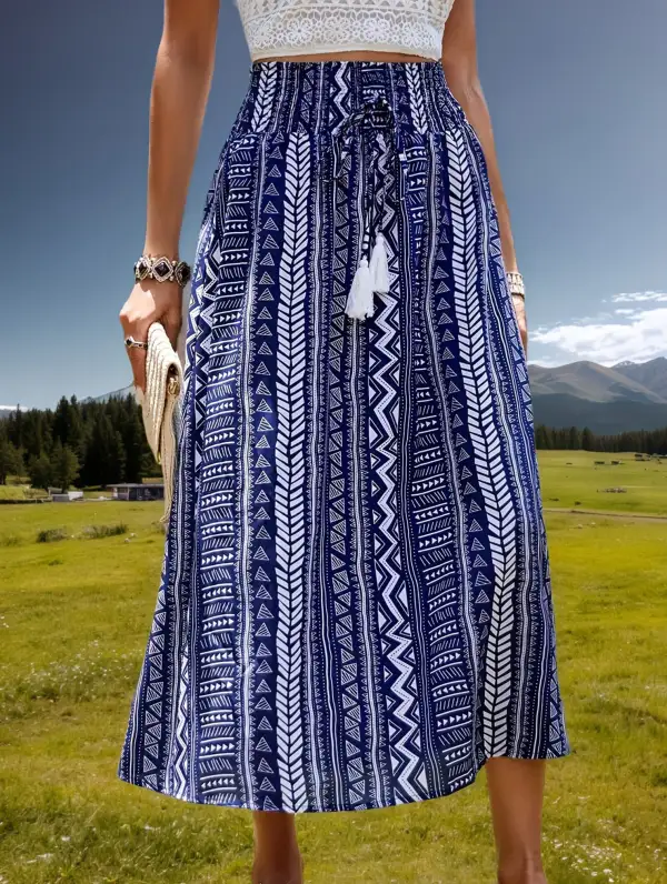 Boho Fringe Belt Tie Midi Skirt