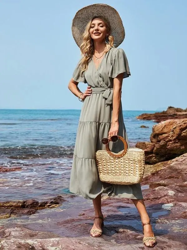 Women Surplice Front Ruffle Hem Belted Dress