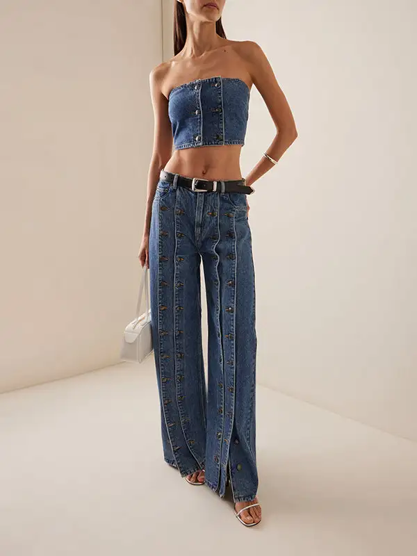 High Waist Seamed Button Detail Beltless Jeans