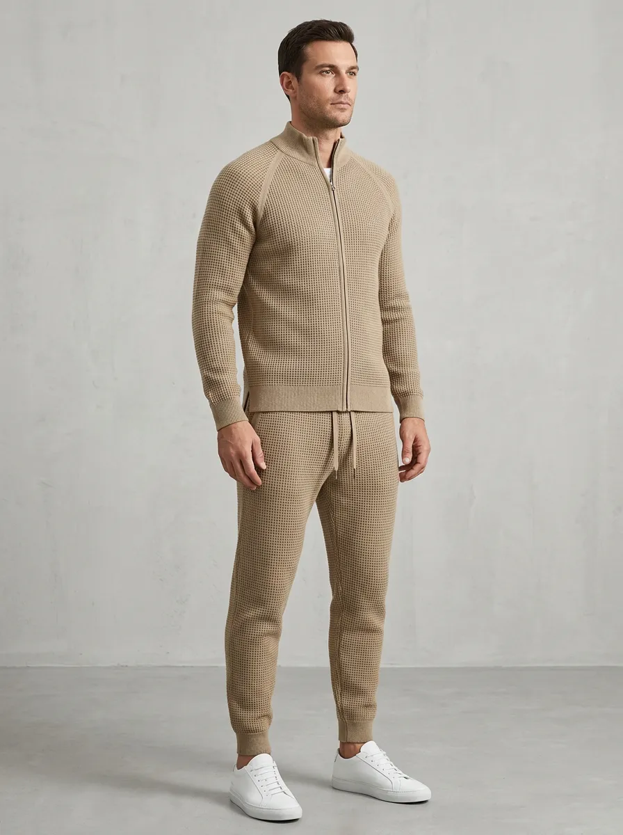 Waffle-Knit Tracksuit Men's Knit Sweater Tracksuit Set