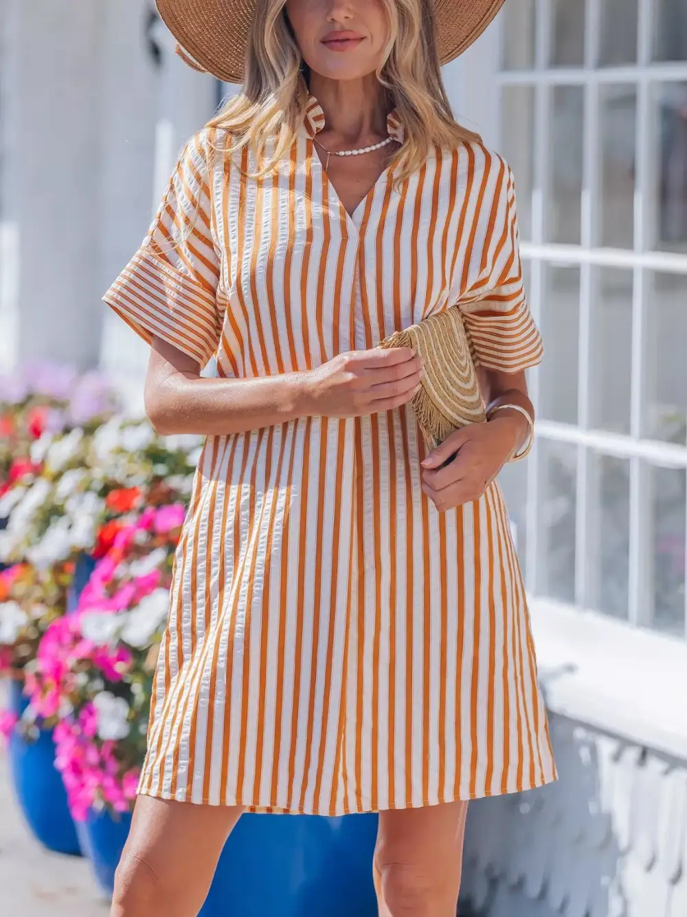 Striped V Neck Mini Dress