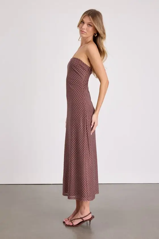 Jaylah Brown Polka Dot Mesh Strapless Midi Dress