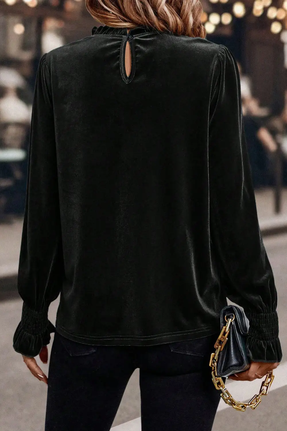 Velvet Frilled Puff Sleeve Blouse