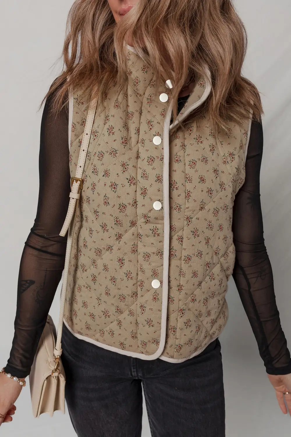 Floral Print Concealed Button Quilted Vest