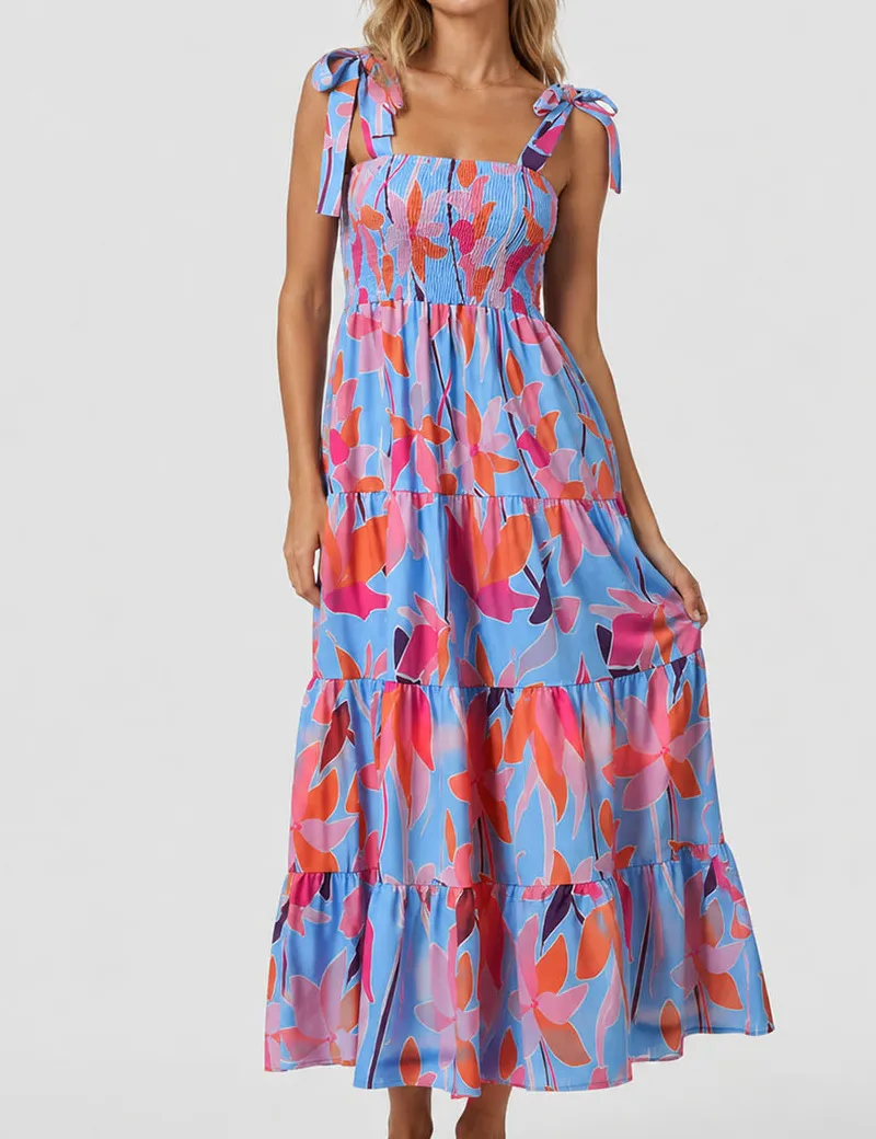 Abstract Smocked Strap Square Neck Midi Dress
