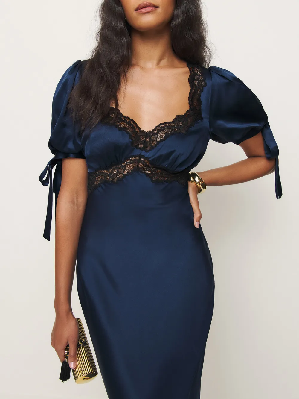 Lace Trimmed Tie Sleeve Silk Midi Dress