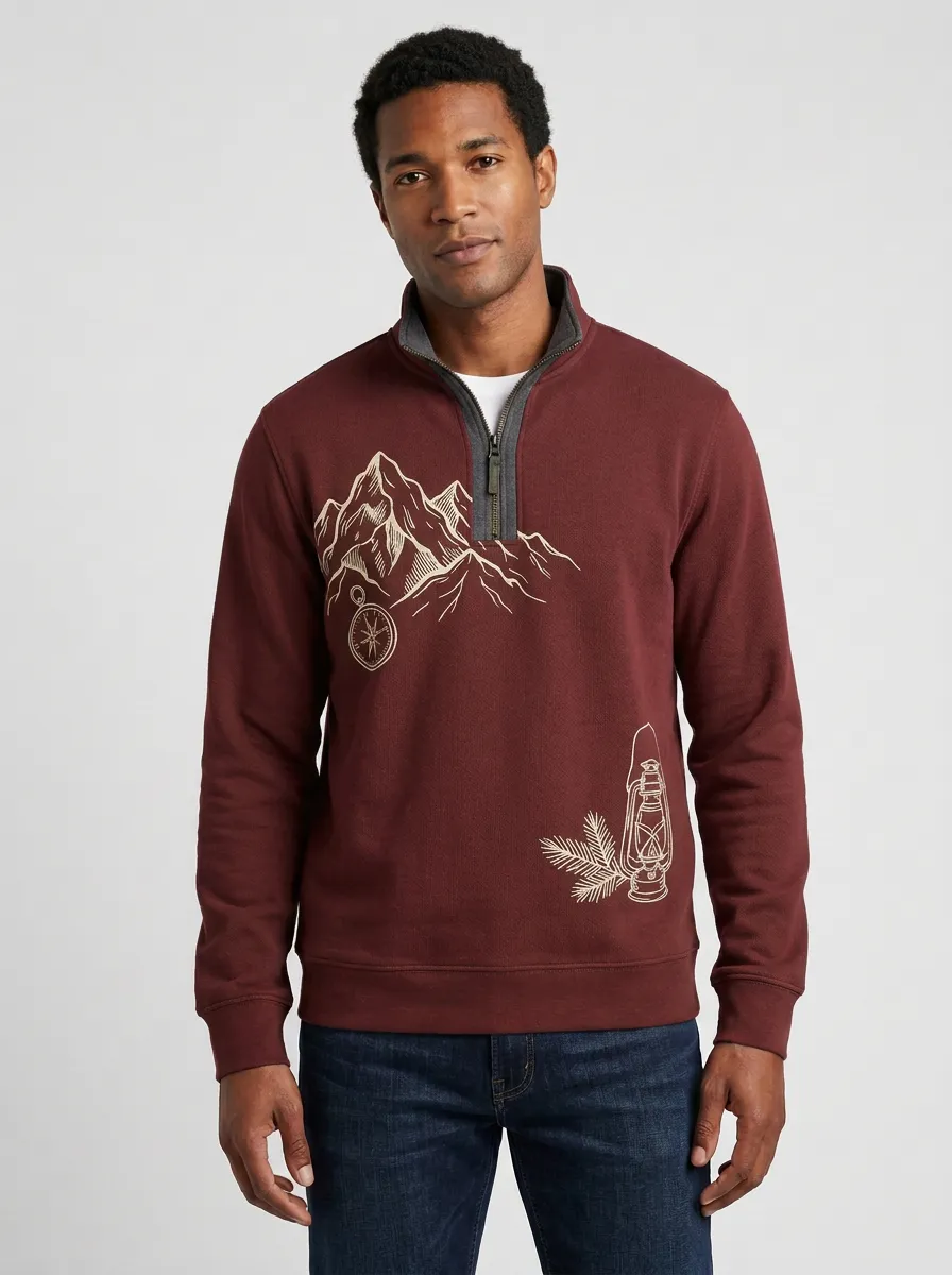 Men's Outdoor Mountain Compass Lantern Graphic Zip-Neck Sweatshirt