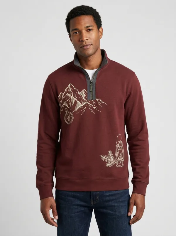 Men's Outdoor Mountain Compass Lantern Graphic Zip-Neck Sweatshirt
