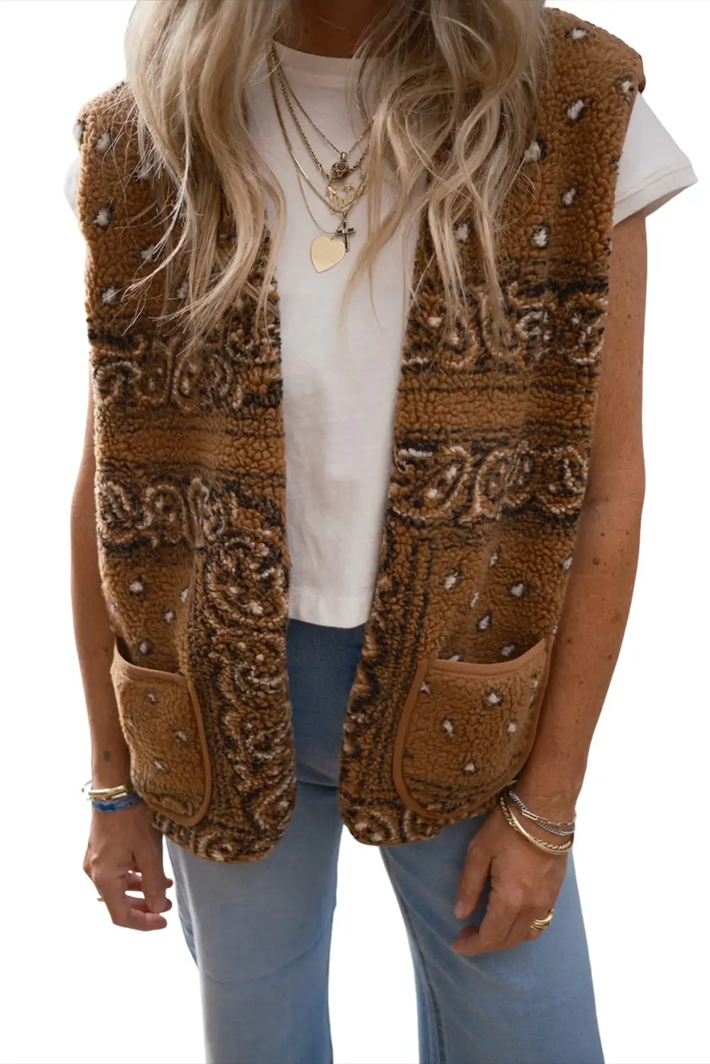 Paisley Print Pocketed Western Sherpa Vest