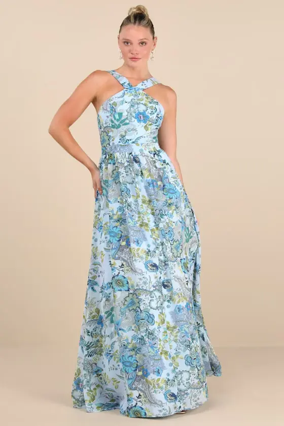 Lilja Blue Floral Print Maxi Dress