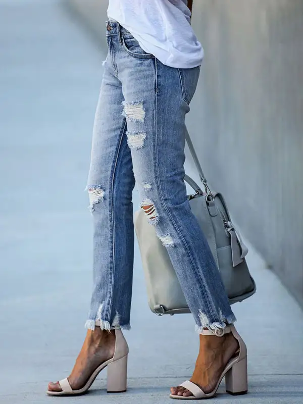 Straight Leg Ripped Denim Jeans