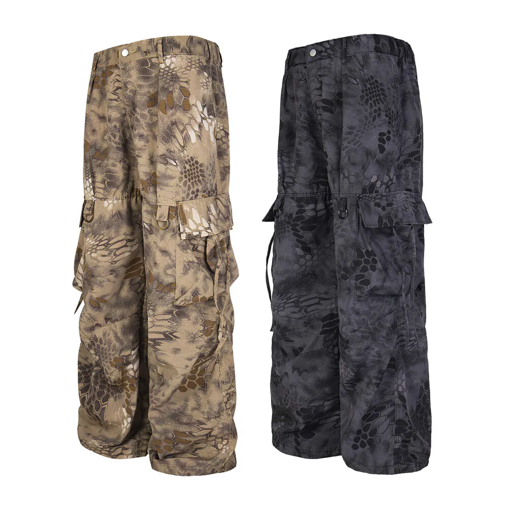 Snake-Pattern Camouflage Wide-Leg Cargo Pants