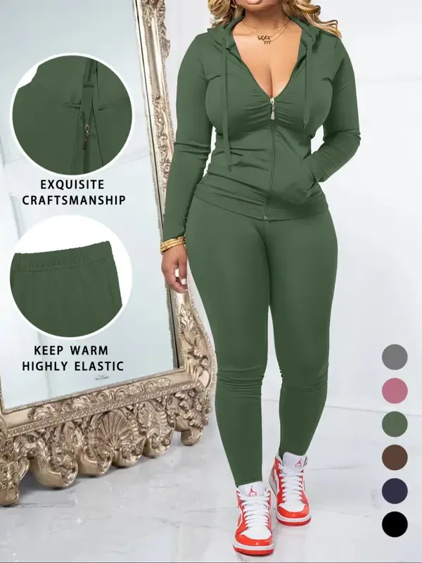 Women's Fall Zipper Hoodie and Skinny Pants Set, Casual Soft Long Sleeve Pullover with Pocket Design