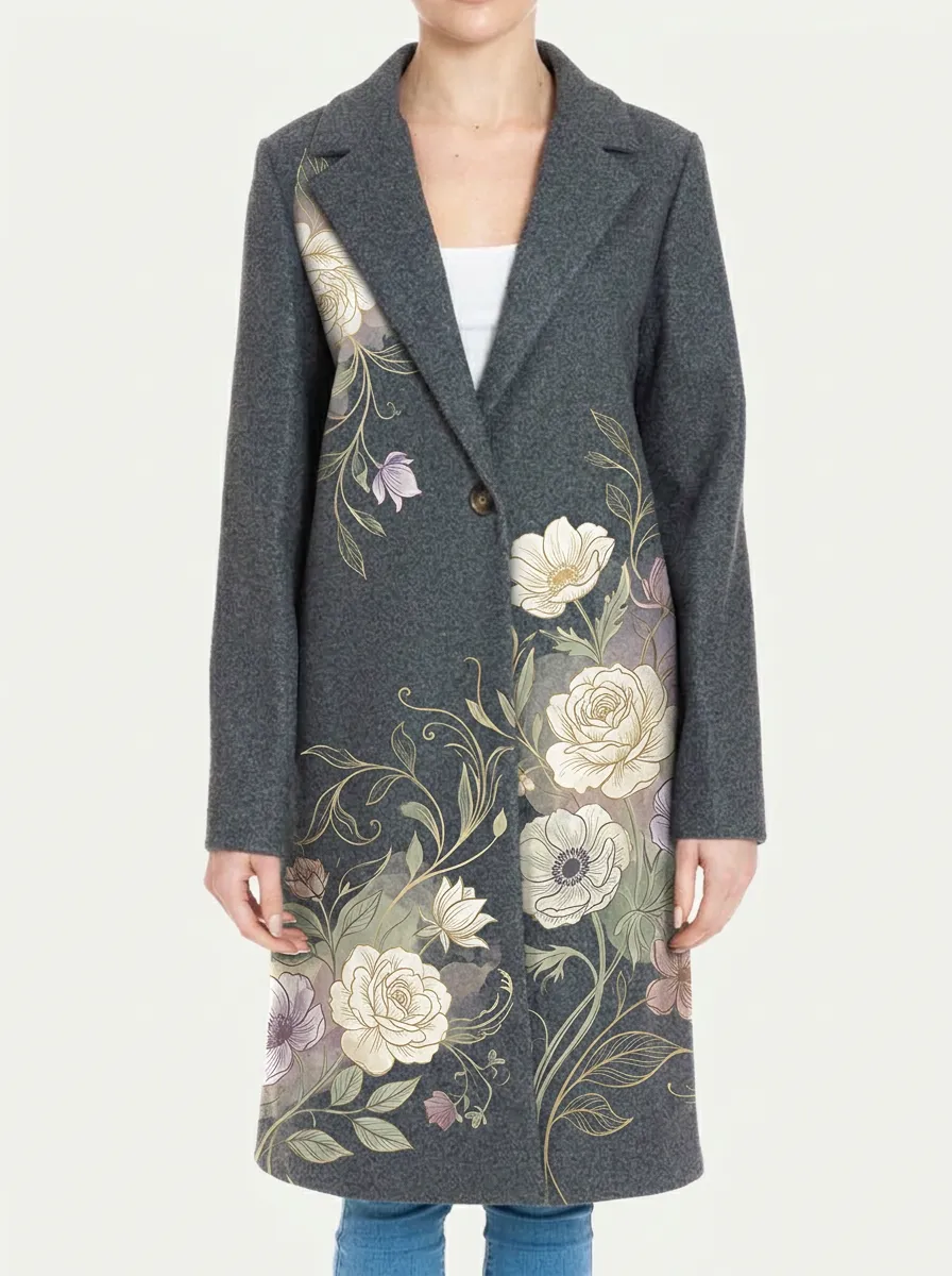 Women's Front Panel Floral Art Grey Wool Blend Coat