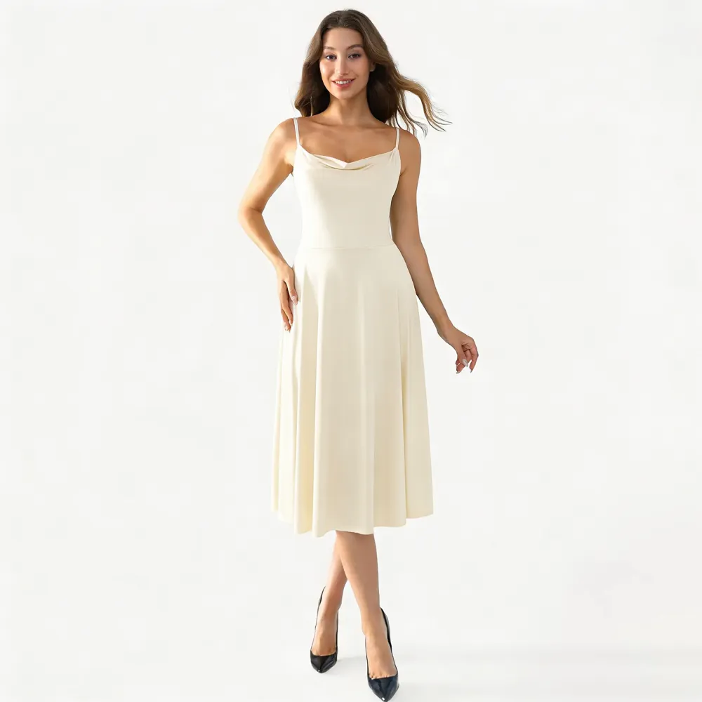 Satin Midi Slip Dress with Cowl Neck and Flared Hem