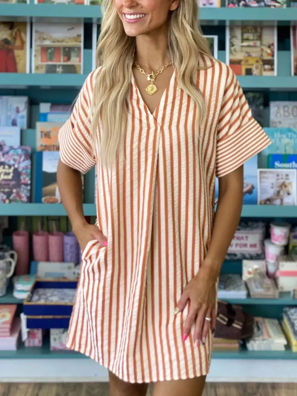Striped V Neck Mini Dress