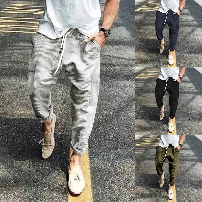 Men's Corduroy Cargo Pants Waistband Pockets Leg Cargo Pants