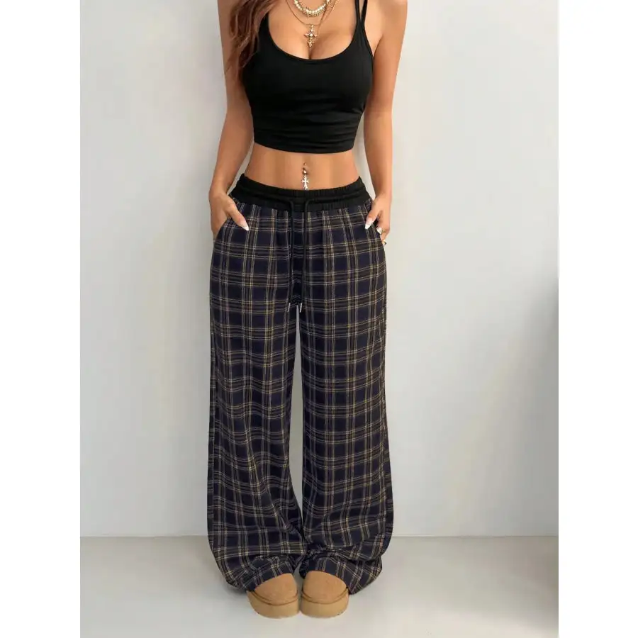 Plaid Wide Leg Pants with Drawstring Waist