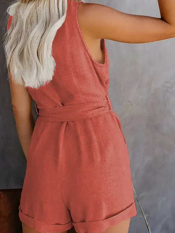 Woven V Neck Button Up Sleeveless Jumpsuit