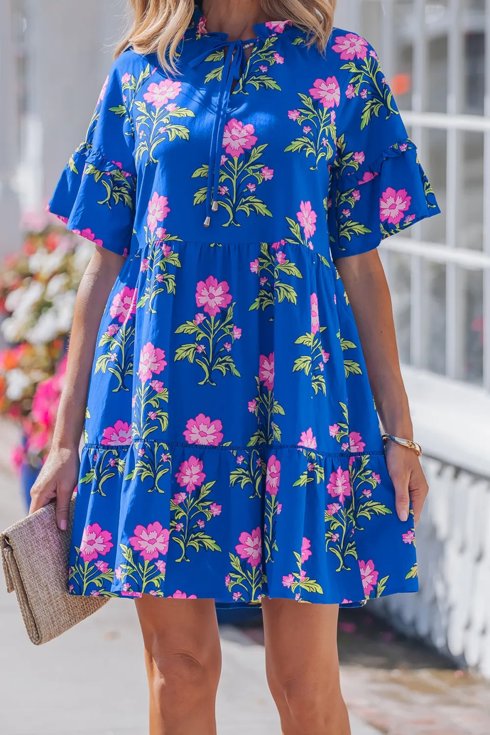 V-Neck Short Sleeve Loose Flower Dress