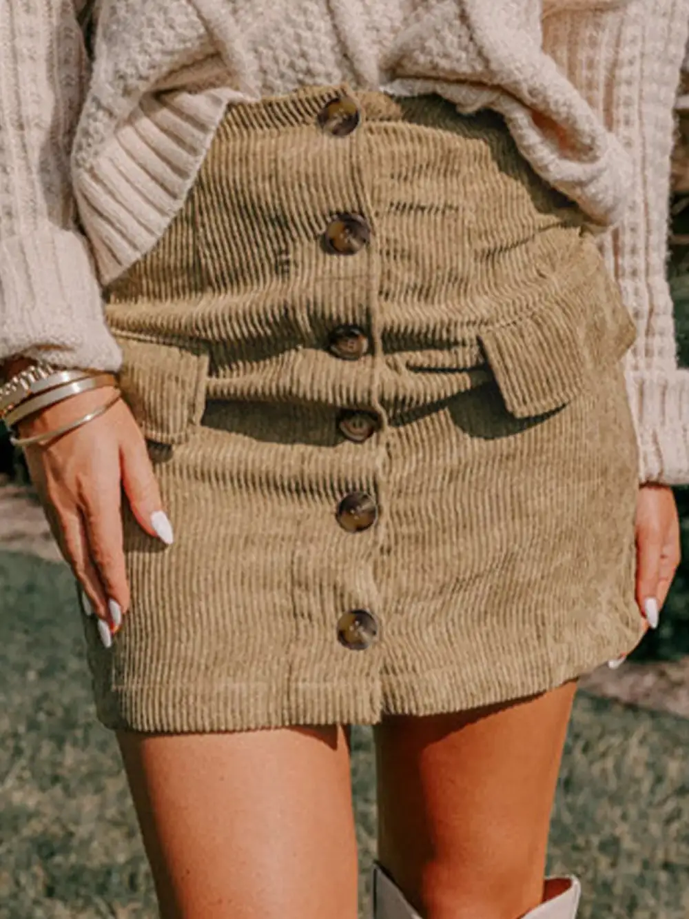 Corduroy Button Front Mini Skirt
