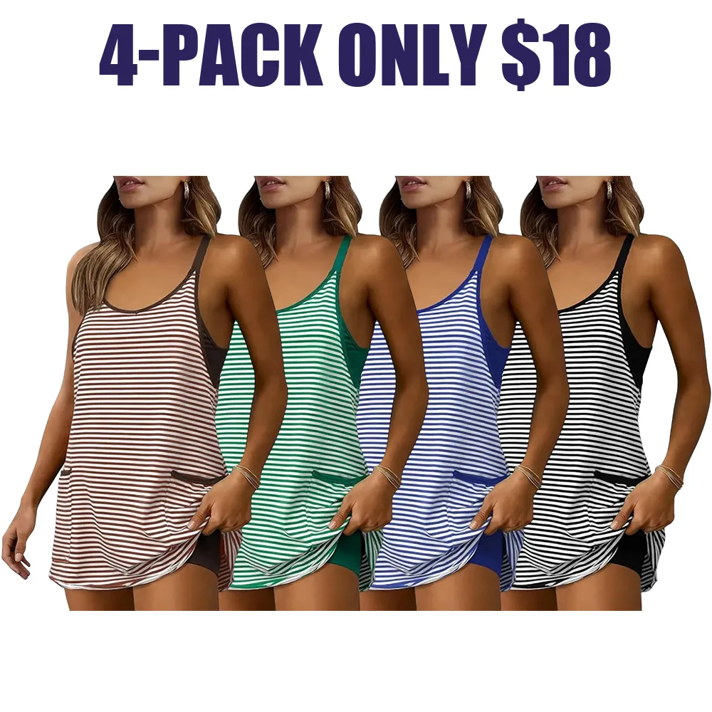 Women's Summer Athletic Mini Dress Sleeveless V Neck Built-in Shorts