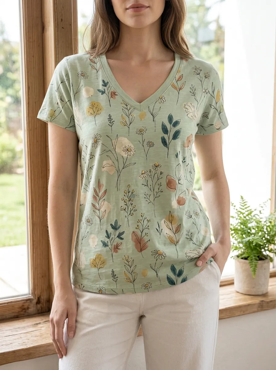 Women's Landscape Botanical Nature Lover Wildflower V-Neck T-Shirt