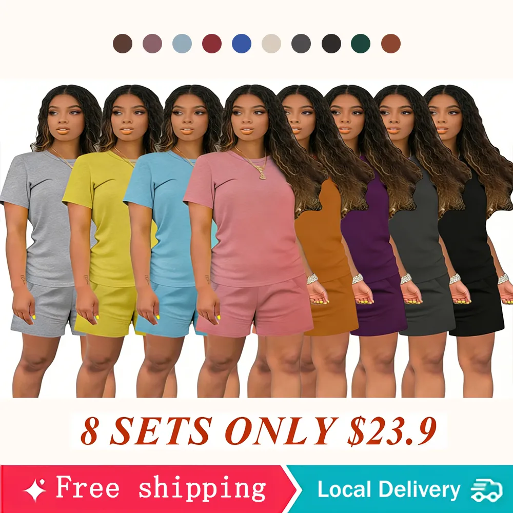 Women's Summer Casual Set, Regular Fit Short Sleeve Top & Shorts, Plain Color Women's