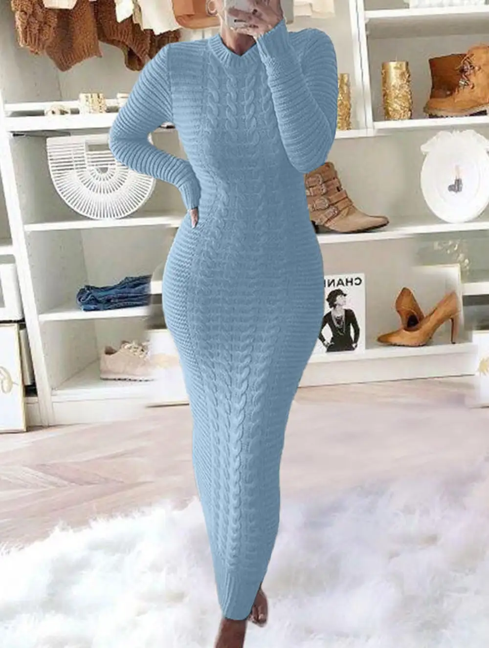 Cable Knit Long-Sleeved Wool Dress