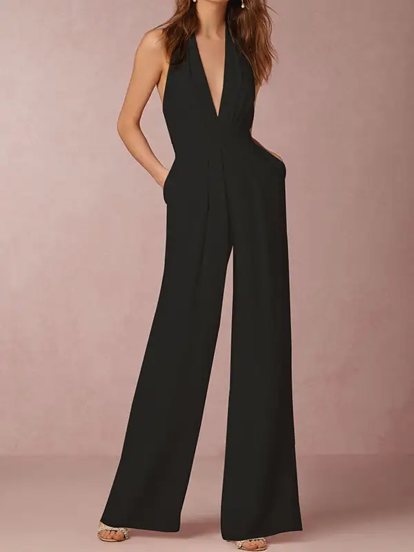 Mouwloze Jumpsuits Met Wijde Pijpen Rugloze Effen Kleur