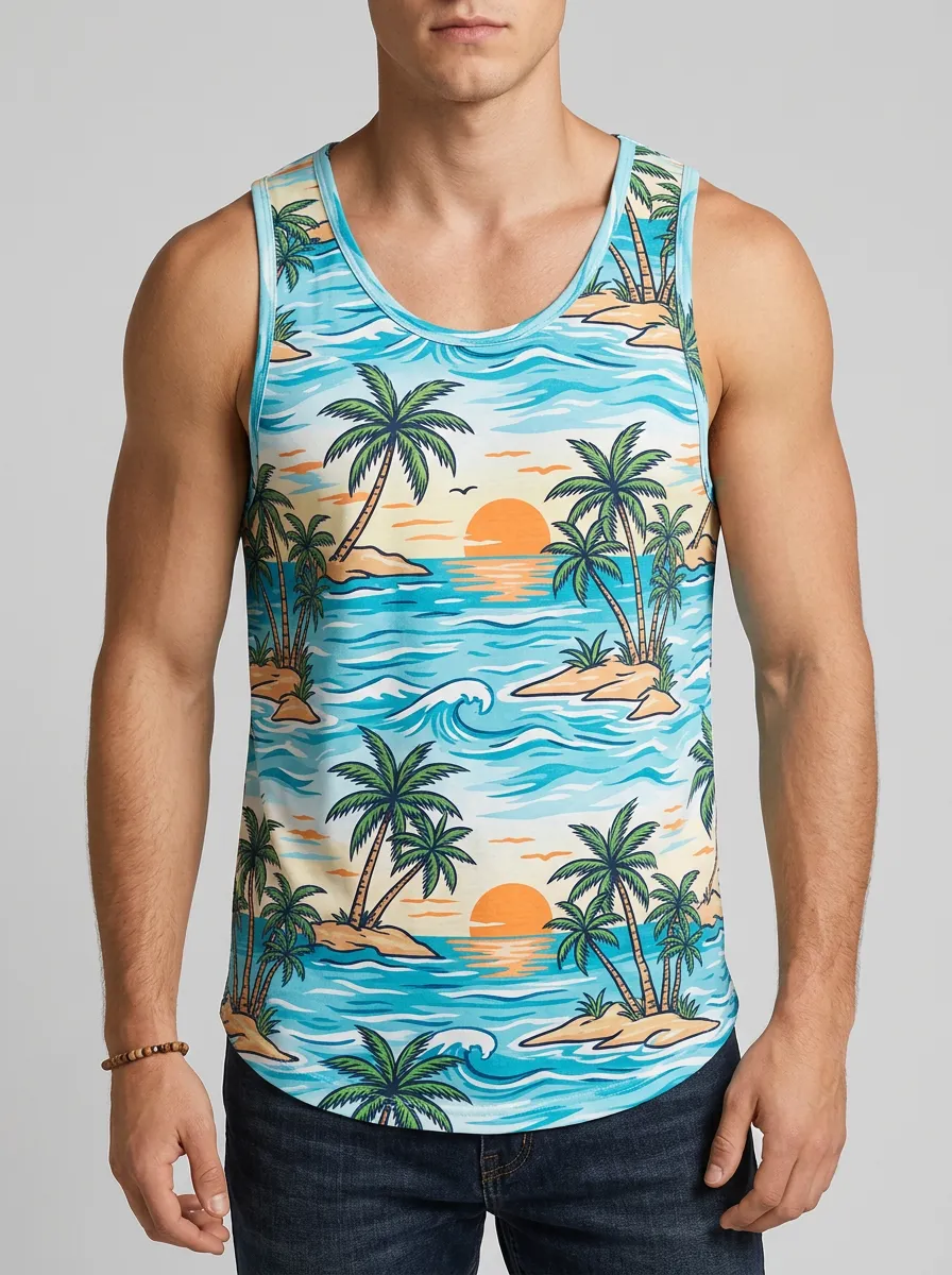 Men's Tropical Beach Lover Palm Tree Sunset Printed Tank Top with Curved Hem