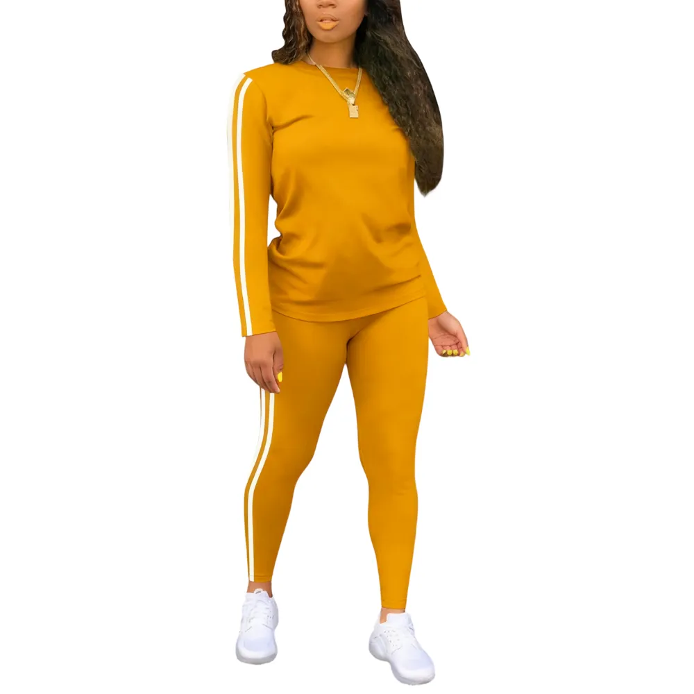 Women's Striped Print Long Sleeve Top & Pants Two-piece Set