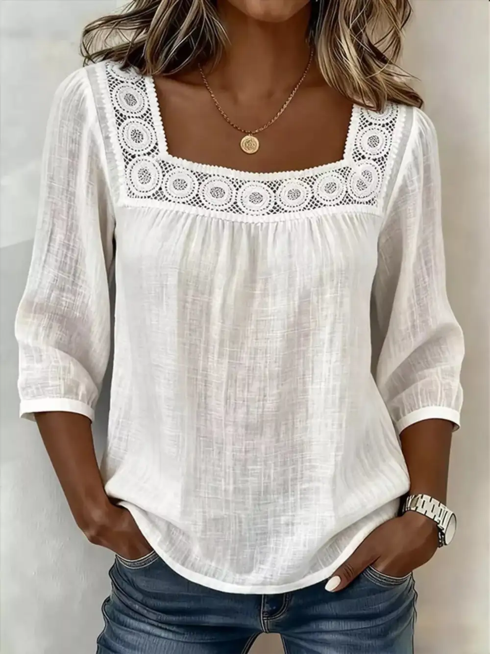 Crochet Trim Square Neck Blouse