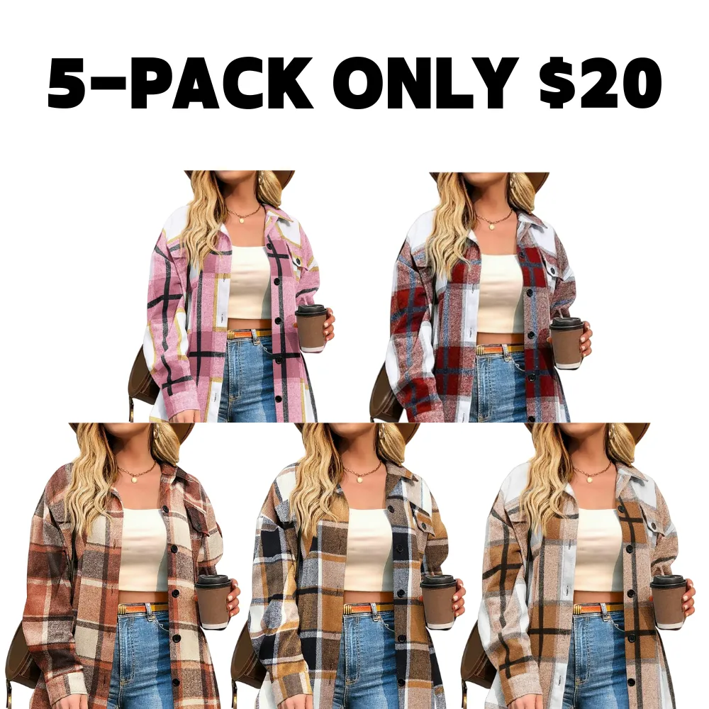 Women's Plus Size Shacket Jacket Flannel Plaid Long Sleeve Button Down Shirts Casual Fall Blouses Tops Winter Coats Winter Holiday