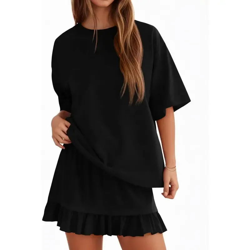 Women's Oversized Ruffle Hem Short Sleeve Set